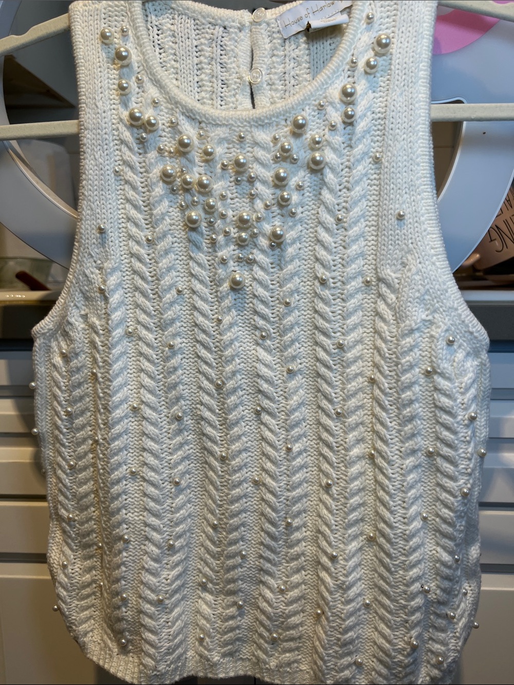 House of Harlow 1960 Cream Pearl-Embellished Cable Knit Sleeveless Sweater